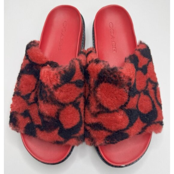 Coach Women's Khloe Slide Plush Shearling Sandals Raspberry Black Size 8.5 - Picture 1 of 11